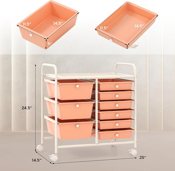 Moccha 9-Drawer Rolling Storage Cart - Under Desk Storage Drawers with wheels for Craft Art Supply Paper Salon, Scrapbook Paper Tools, Mobile Utility Cart for Classroom, Peach - Image 3