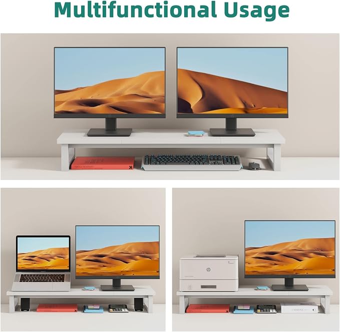 YAOHUOO Dual Monitor Stand Riser, 39Inch Large Monitor Stands for 2 Monitors, Computer Monitor Stand, Wooden Desktop Oraganizer Shelf for Office Desk Computer,Laptop,TV - Image 4