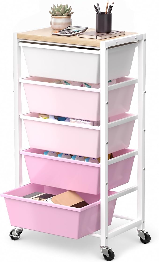 Rolling Cart with 5 Drawers, Plastic Drawer Storage Carts with Wheels & Wooden Tabletop, Metal Utility Cart for Office Bedroom Living Room Classroom, Craft Organization and Storage, Pink by TimeForest