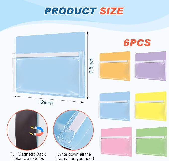 Fuutreo 6 Pack 12 x 9.5 Inch Magnetic File Holder,Macaron Color,Horizontal | Clear Pocket, Label Insert, Wall File Organizer for Whiteboard Fridge Locker Office, Magazine Holder for Paper Mail - Image 2