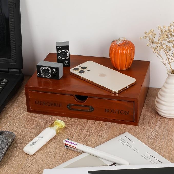 Wooden Drawers Brown Wood Desktop Organizer with Drawers | Vintage Wooden Storage Box for Apothecary Cabinet, Wood Drawer, Countertop Drawer for Library Card Catalog Cabinet - Image 5