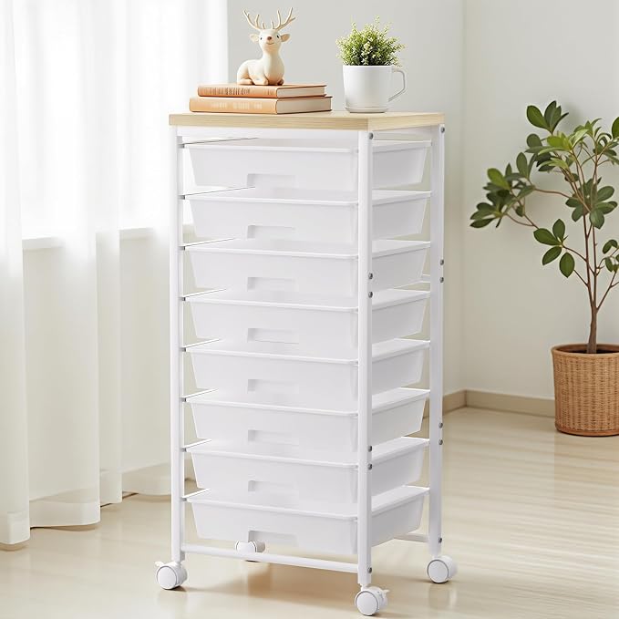 Rolling Cart with 8 Drawers, Plastic Drawer Storage Carts with Wheels & Wooden Tabletop, Metal Utility Cart Organizer for Bedroom Living Room Office Classroom Craft Organization and Storage, White - Image 7