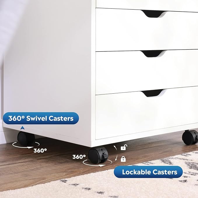 DEVAISE 5 Drawer Cabinet with 1 Door, Mobile Office File Cabinet, White | Wood Rolling Cart, Filing Drawers, Craft Storage Drawer Cabinet, Printer Stand, Home Office - Image 7