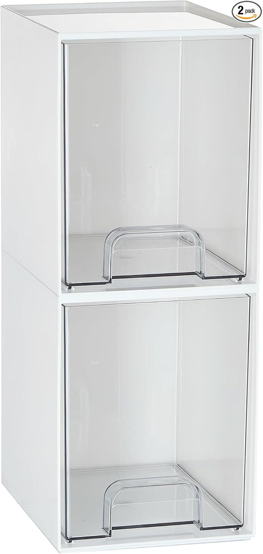 Vtopmart White Stackable Storage Drawers, 2 Pack Tall Organizers | Pull-Out Drawers, Stackable Design for Skincare, Cosmetics, Beauty Supplies, Vanity, Bathroom, Cabinet and Countertop by Vtopmart