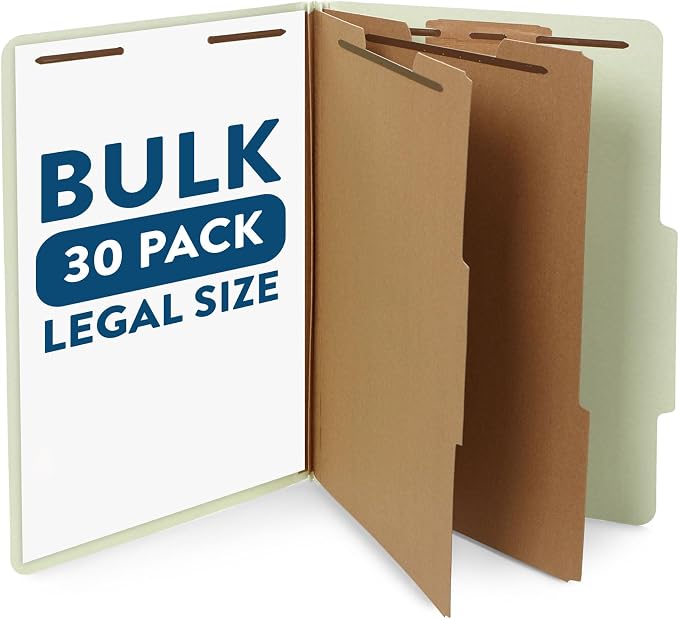 Blue Summit Supplies 30 Gray Green Classification Folders, 2 Divider, Legal | Heavy duty 25pt pressboard, 2 dividers, 6 partitions, 2 in expansion, 2 prong, legal charts, law client files by BlueSummitSupplies
