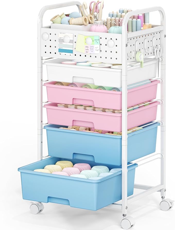 5 Drawer Rolling Storage Cart with Pegboard Top and Hooks, Pink&Blue | Mobile Organizer Cart with Wheels for Office Supplies, Craft Storage, Classroom Organization, Home Utility Cart - Image 9