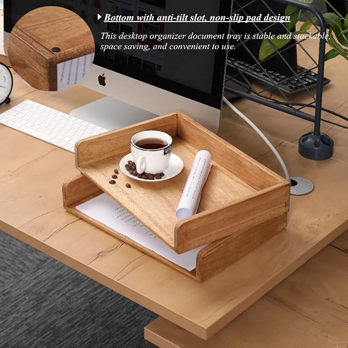 DDYURI Wood Stackable Paper Trays for Office Supplies and Accessories - Desk Organizer Tray for Letter Document Magazine -Wooden Desktop File Folder Holder Shelf 2 Set Light(2CTP-LT) - Image 3