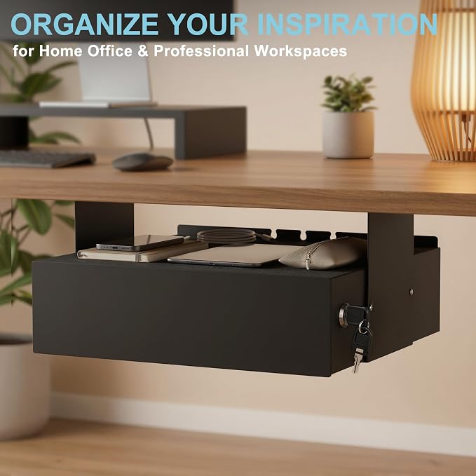 Under Desk Drawer with Lock, 13.8 Inch Slide-Out Metal Storage Drawer,Black | Steel Undermount Drawer, Standing Desk Drawers with Cable Management for Office & Home - Image 3