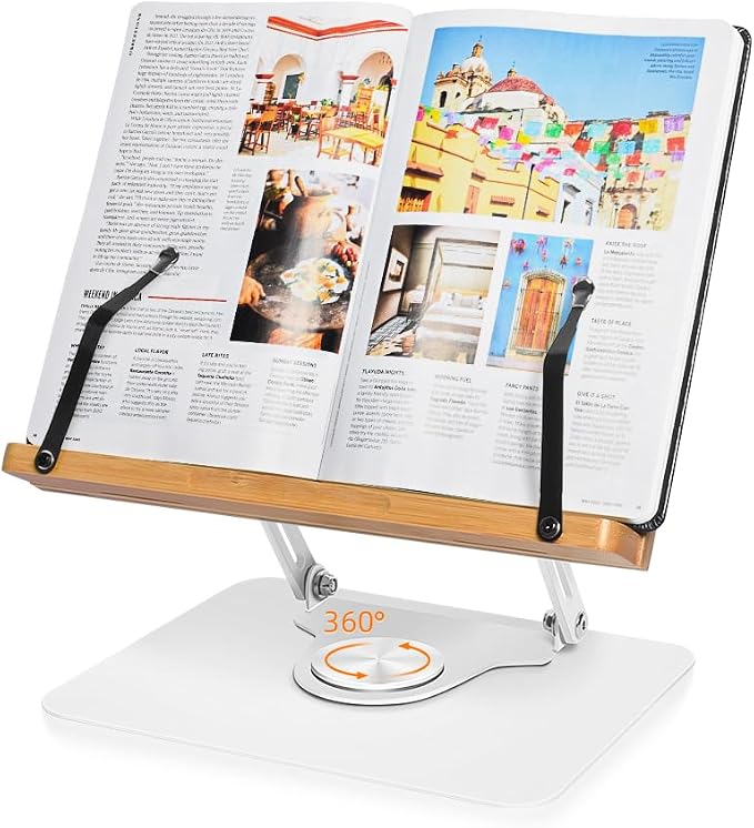 wishacc Book Display Stand, 1 Pack Metal Holder for Reading Kitchen Counter | 360 Swivel Base, Adjustable Height & Angle, Hands Free Recipe Support, 11x8.1in Panel, Wood Color Finish, Portable Study Aid - Image 2