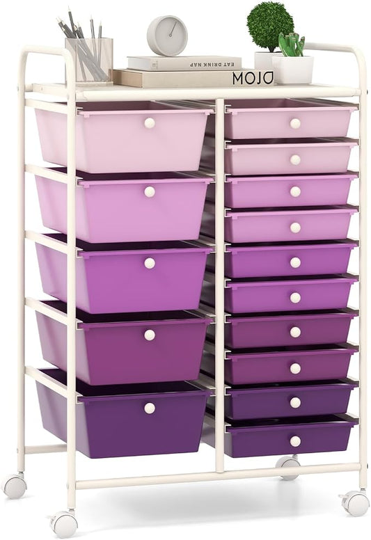 Giantex 15 Drawers Rolling Cart, Classroom Organizers, Storage Cart with Wheels, for Teacher Office Home School Supplies Tool Craft Art Paper, Purple Gradient by Giantex