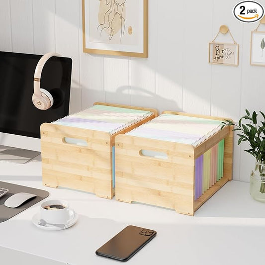Bamboo Hanging File Organizer, Desktop File Box, Open Top, 2 Pack, Natural | Open-Top Access, 4 Hanging Folders Included, Letter & Legal Files, Sliding Rails, Reinforced Handles, Easy Assembly by LONTAI
