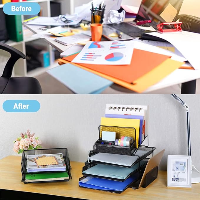 DESIGNA Desk Paper Organizer File Tray,2 Tier Stackable Desktop Letter Tray Paper Storage Holder, Desktop Tray Rack for Home Office School Stacking Supports - Black - Image 6