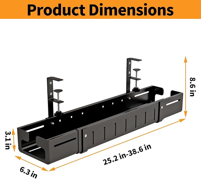 Under Desk Cable Management Tray, Expandable Length 25.2"-38.6",No Drill No Damage to Desk,Cable Tray with Clamp for with Wire Management,for Cord Organizer for Home Office Standing Desk, Black - Image 7