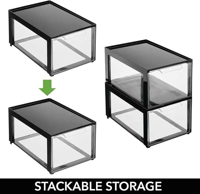 mDesign Plastic Desk Organizer and Storage Bin w/Pull Out Drawer - Stackable Office Storage Container for Office Supplies - Desktop Drawer Organizer - Lumiere Collection - 4 Pack - Black/Clear - Image 5