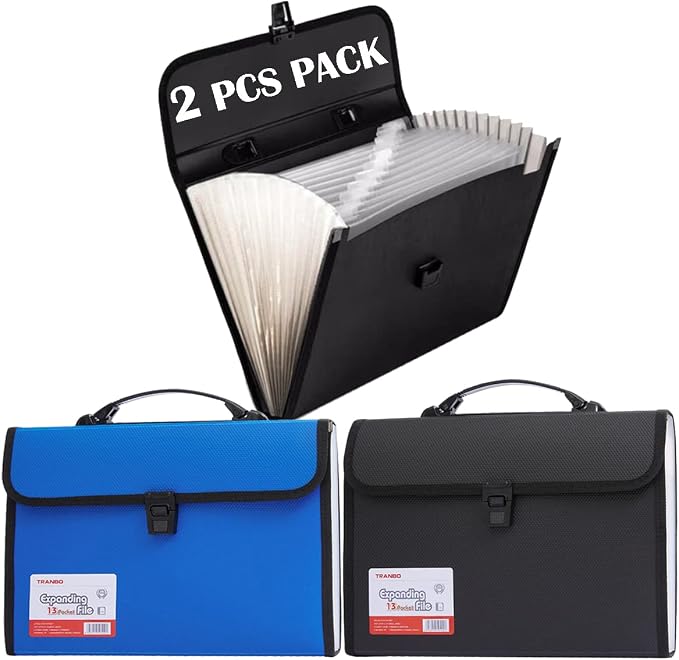 2 Pack 12 Pockets Accordion File Organizer with Handle, TRANBO Letter Size/A4 Expanding File Folder, Portable Paper Organizer, Expandable Plastic Document Organizer for Travel School Office by TRANBOTrustBest