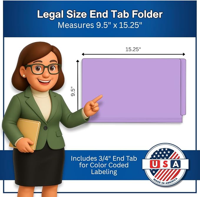 Lavender File Folders, Doctor Stuff, Legal Size Reinforced End Tab Folder with 2" Bonded Fastener on Inside Front and Back, 14 pt Stock, Carton of 250 - Image 2