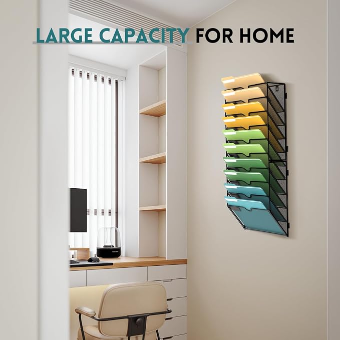 10 Tier Wall File Organizer, Hanging Wall Mounted Mail Organizer with Label Slots, Metal Mesh File Holder Magazine Rack for Office, Home, School or Classroom, Black - Image 2