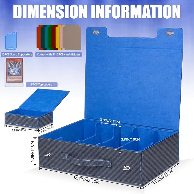 5-Row 3900+ Trading Card Storage Box for MTG, Card Deck Box with Snap-fit Design, 5 Card Sleeves, 10 Stoppers, 80 Dividers and 1 Dice Tray (Black-Blue) - Image 3