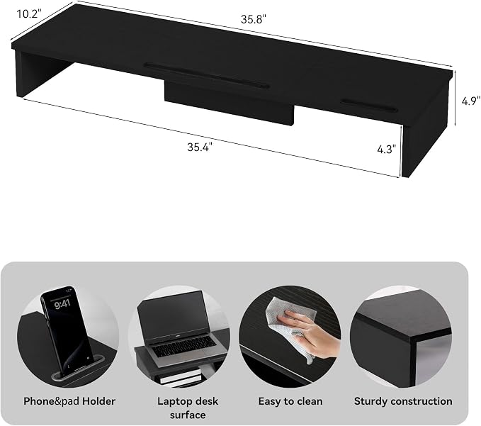 Dual Monitor Stand Riser with Phone Tablet Holder, 35.8in Large Monitor Stand for Desk, Computer Monitor Stand for 2 Monitors, Desk Shelf for Top of Desk, Desktop Organizer for Laptop, Printer, TV - Image 2