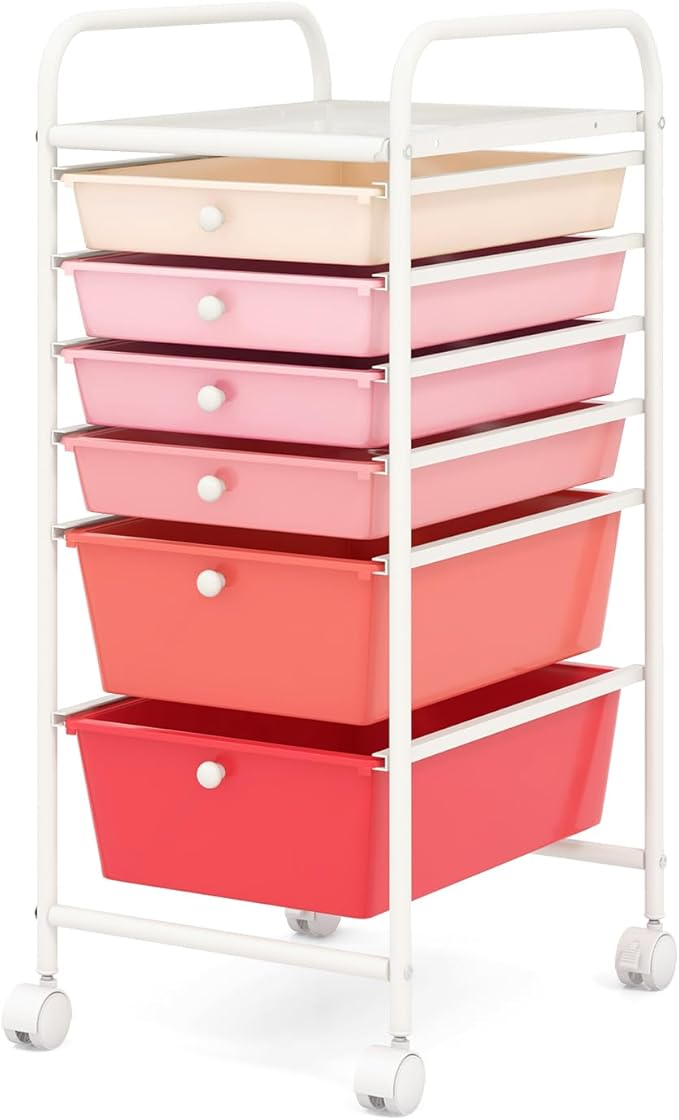 COSTWAY 6-Drawer Rolling Storage Cart, Art Craft Tools Organizer on Wheels | Multifunctional Heavy Duty Utility Mobile Storage Trolley w/ 2 Lockable Wheels for Home Office School (Mixed Pink) by COSTWAY