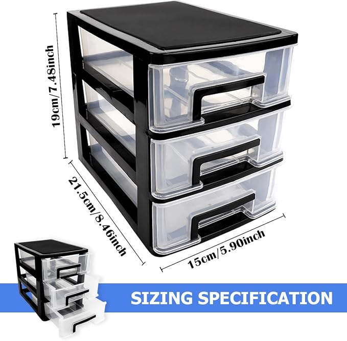 3 Tier Plastic Drawer Organizer Storage Box for Desk, Cosmetics, Jewelry, Office Supplies, Home Organization (8.46" x 5.9" x 7.48") - Image 2