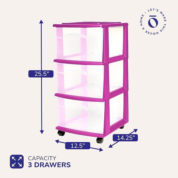 HOMZ Drawer Tower, 3-Tier Clear Plastic Storage Organizer Cart, Purple Frame - Rolling Drawer Containers with Wheels for Bathroom, Bedroom, Office, and Classroom Organization - Image 3