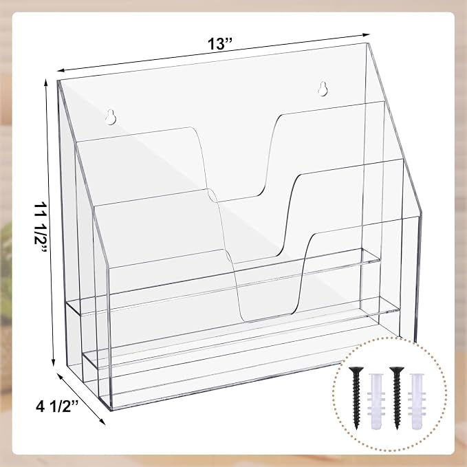 Estune Acrylic Vertical File Organizer, Horizontal Triple File Folder Holder, Paper Desktop Storage, Box for Countertop Office, Includes 12 Pack Folders, 1/3 Cut Tab with Folder Letter Size and Labels - Image 2