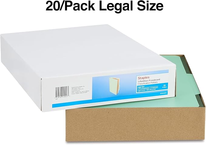 Staples Pressboard Classification Folders, Legal Size, 1‑Divider, 1.75" Expansion, Light Green, Heavy‑Duty Construction – 40/Carton - Image 3
