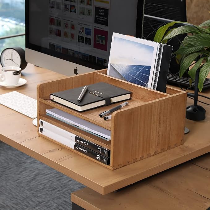 DDYURI 3 Tier Desktop Letter Tray for Office Desk Organizer and Accessories - Wood File Folder Holder for Paper Document Organizer Mail Sorter Workspace Counter Storage Book Shelf Light WJJ3K-LT - Image 3