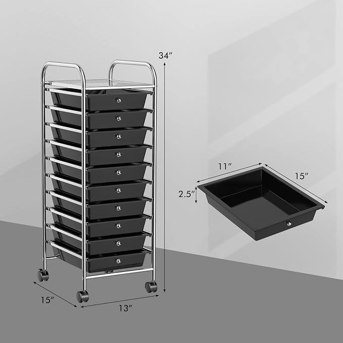 Storage Cart, Rolling Utility Cart with 10 Drawers, Portable Handles & Lockable Wheels, Mobile Paper Toys Storage Organizer Large Capacity for Home Office School Teacher (Black) - Image 3