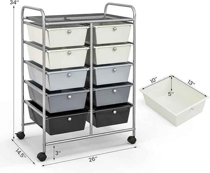 Giantex 10 Drawers Rolling Cart, Classroom Organizers, Storage Cart with Wheels, for Teacher Office Home School Supplies Tool Craft Art Paper, Gray Gradient - Image 3