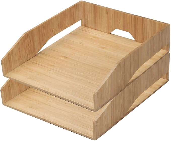 MobileVision 2 Pack Stackable Bamboo Paper Tray Office Organizer for Files, Documents, Letter Sorter, Envelopes and Magazine Holder by MobileVision