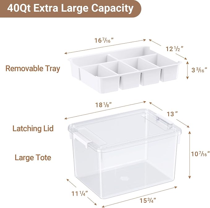 40Qt Stackable Storage Bin with Lid Tray Craft Box Organizer, 1Pack,WH | Clear Plastic Latching Boxes Organizers with Dividers Portable Containers for Arts & Crafts, Home Office Classroom Car Trunk - Image 2