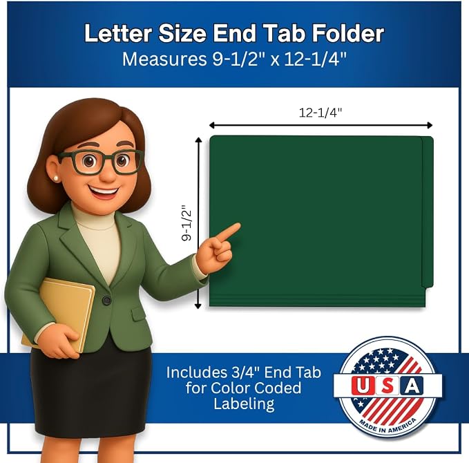 Dark Green File Folders, Doctor Stuff, Letter Size Reinforced End Tab Folder with 2" Bonded Fastener on Inside Back, 14 pt Stock, Box of 50 - Image 2