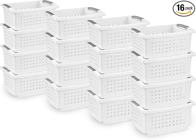 Sterilite 16 Pack Medium Stacking Basket, Open Top Storage Bin with Handles, White - Ideal for Home Closets, Kitchens, or Office Organization by Sterilite