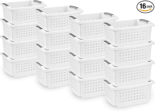 Sterilite 16 Pack Medium Stacking Basket, Open Top Storage Bin with Handles, White - Ideal for Home Closets, Kitchens, or Office Organization by Sterilite