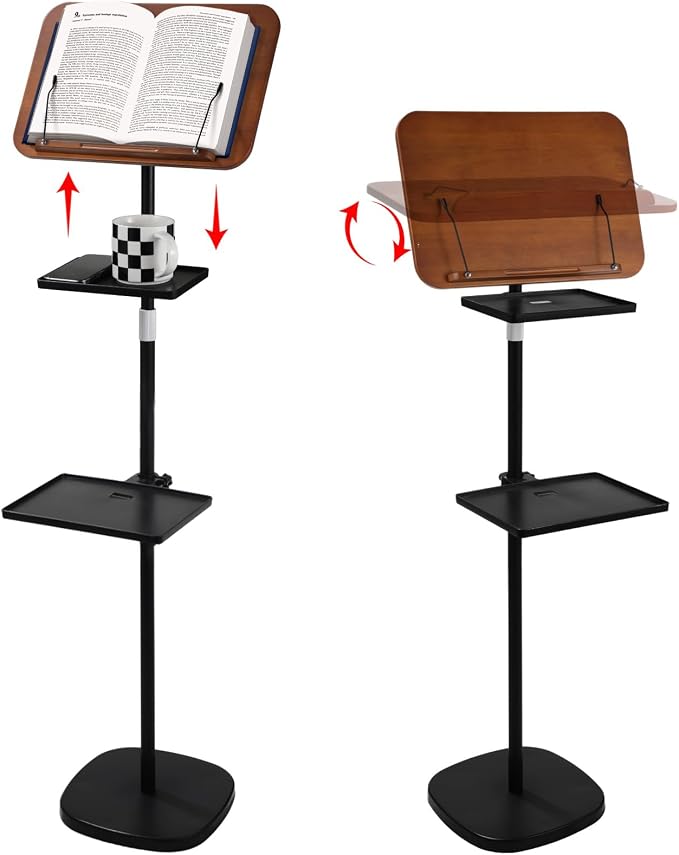 Floor Book Stand with 2 Removable Trays, Adjustable Height Wood Reading Stand for Bed or Sofa, Music Stand Book Holder for Music Sheet, Tilt and Rotate Laptop Holder, Portable Podium Stand by Joyoolife