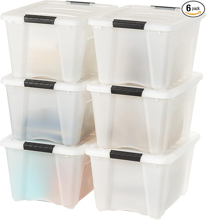 IRIS USA 6-Pack 32 Quart Storage Bins with Lids, Pearl | Conceals contents for a clean look. Great for linens, décor, closet storage, and supplies. Nestable design saves space by IRISUSA