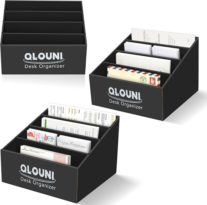 3 Pack Desktop Mail Organizer, 4-Compartment Stepped Mail Sorter for Desk, Letter Holder for Bills, Envelopes, Papers and Documents, Home Office, Reception, Entryway and Countertop, Dorms by QLOUNI
