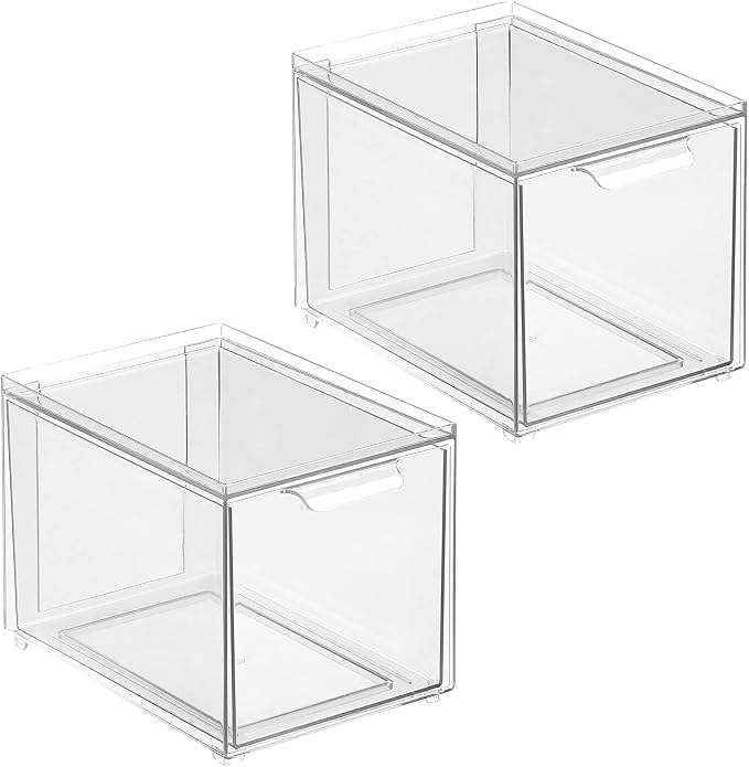 mDesign Plastic Bathroom Organizer Bin w/Pull Out Drawer - Slim Stackable Storage Container for Bathroom Accessories - Perfect for Organizing Bathroom Cabinet - Lumiere Collection - 2 Pack - Clear - Image 9