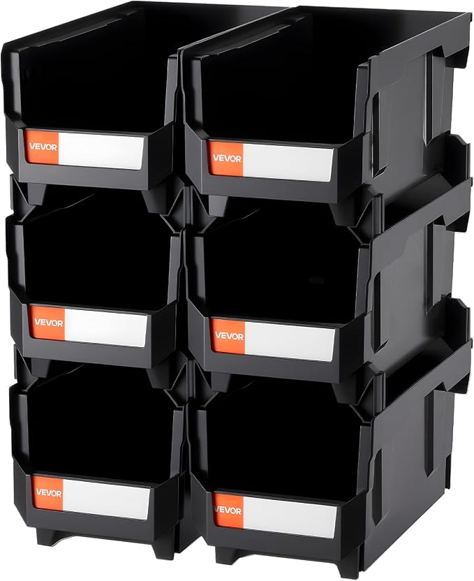 VEVOR Plastic Stackable Storage Bins, 14.8 x 8.5 x 7.1 inch (6 Pack), Plastic Containers for Organizing and Storage Bins for Closet, Garage, Small Parts, Office Supplies and Other Accessories, Black - Image 10