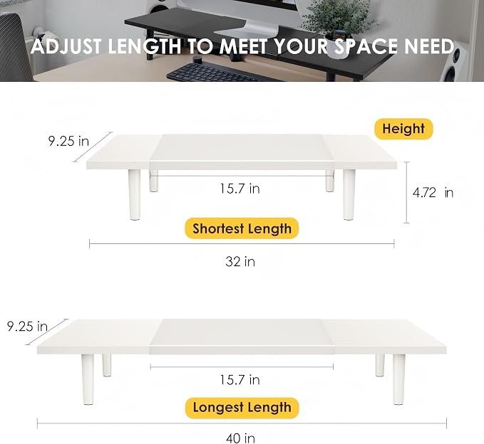 Across-Star Dual-Monitor-Stand-Riser-For-Desk Adjustable Length 32-40 Inch，Large Desktop Computer Monitor Riser For 2 Screens，Desk Shelf Organizer Riser Stand For Computer/Laptop/PC/Printer/TV Black - Image 3
