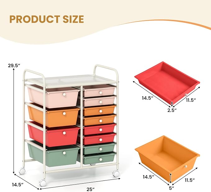 COSTWAY 12 Drawer Rolling Storage Cart, Utility Cart with Metal Frame | Mobile Art Supply Craft Organizer, Multipurpose Storage Organizer for Paper, Office, School Teacher, Classroom, Macaron - Image 3