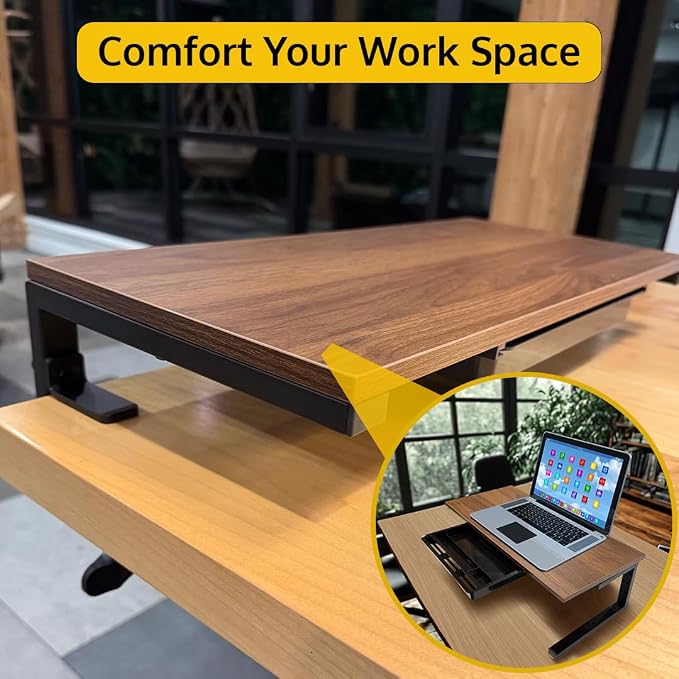 *Test* Ergonomic Clamp-On Laptop and Computer Monitor Riser Stand with Drawer, 21.6 x 9.8 inch - Dark Brown|Laptop Stand for Desk, Monitor Riser, Desk Organizer, Office Desk Home Workspace - Image 6