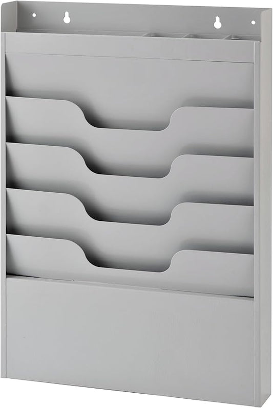 4 Tier Wall Mounted File Organizer, Metal Task Rack for Office Documents, Mail & Folders, Space-Saving Office Wall Organizer, Graywhite 19.5”H by Unknown
