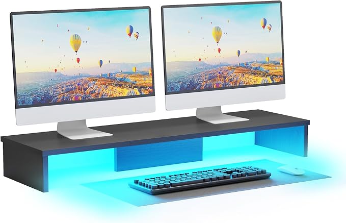 Qupui Dual Monitor Stand Riser for Desk with LED Lights, Large Computer Monitor Stand for 2 Monitors, Desk Shelf for Top of Desk, Desktop Organizer for Computer, Laptop, Printer, TV by Qupui
