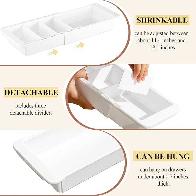 2 Pcs Expandable Drawer Organizer Bins Adjustable Deep Drawer Hanging Organizer Tray Expandable 11.4 to 18.1 Inches Plastic Dividers Storage for Office Bathroom Bedroom Kitchen Desk, White - Image 5