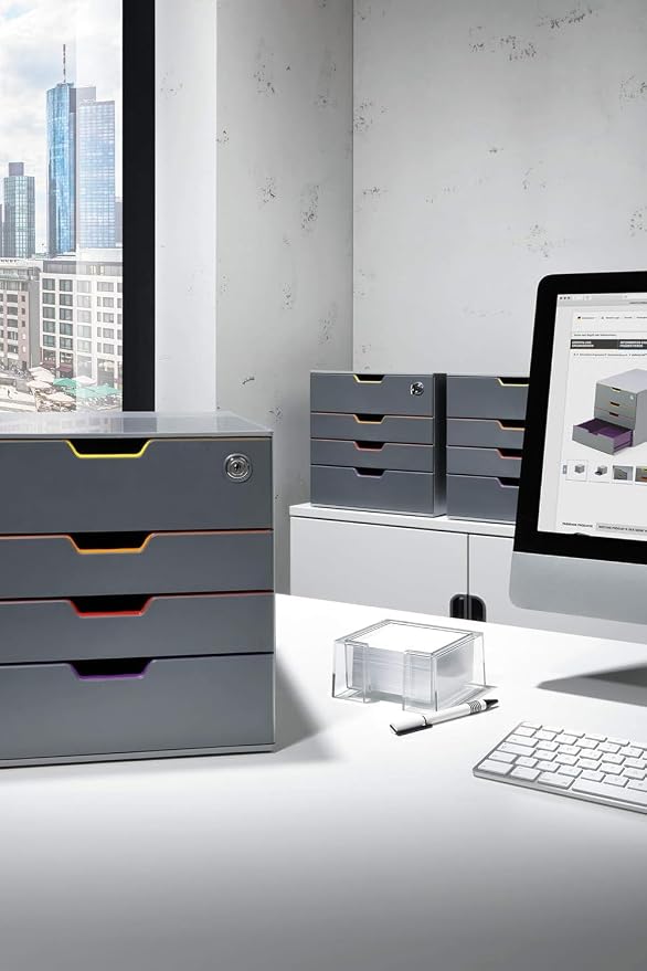 Durable VARICOLOR 4 Lockable Drawer Unit - Gray Desktop Filing Drawer Set with 4 Color Coded Draws - Letter Size Files - Top Draw is Lockable - Perfect for Storing Documents and Paper Work - Image 2