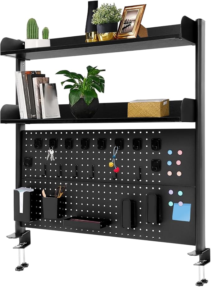 Clamp-On Pegboard Desk Organizer, 2-Tier Clamp On Desk Shelf with Hooks, Office Accessory Organizer for Books, Office Supplies & DIY Storage, 16.5lbs Capacity, 39.37" x 37.4", Black by Unknown