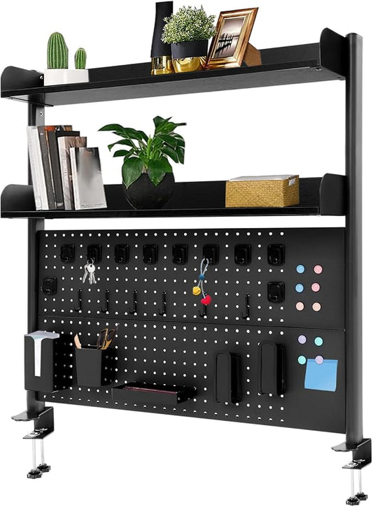 Clamp-On Pegboard Desk Organizer, 2-Tier Clamp On Desk Shelf with Hooks, Office Accessory Organizer for Books, Office Supplies & DIY Storage, 16.5lbs Capacity, 39.37" x 37.4", Black by Unknown